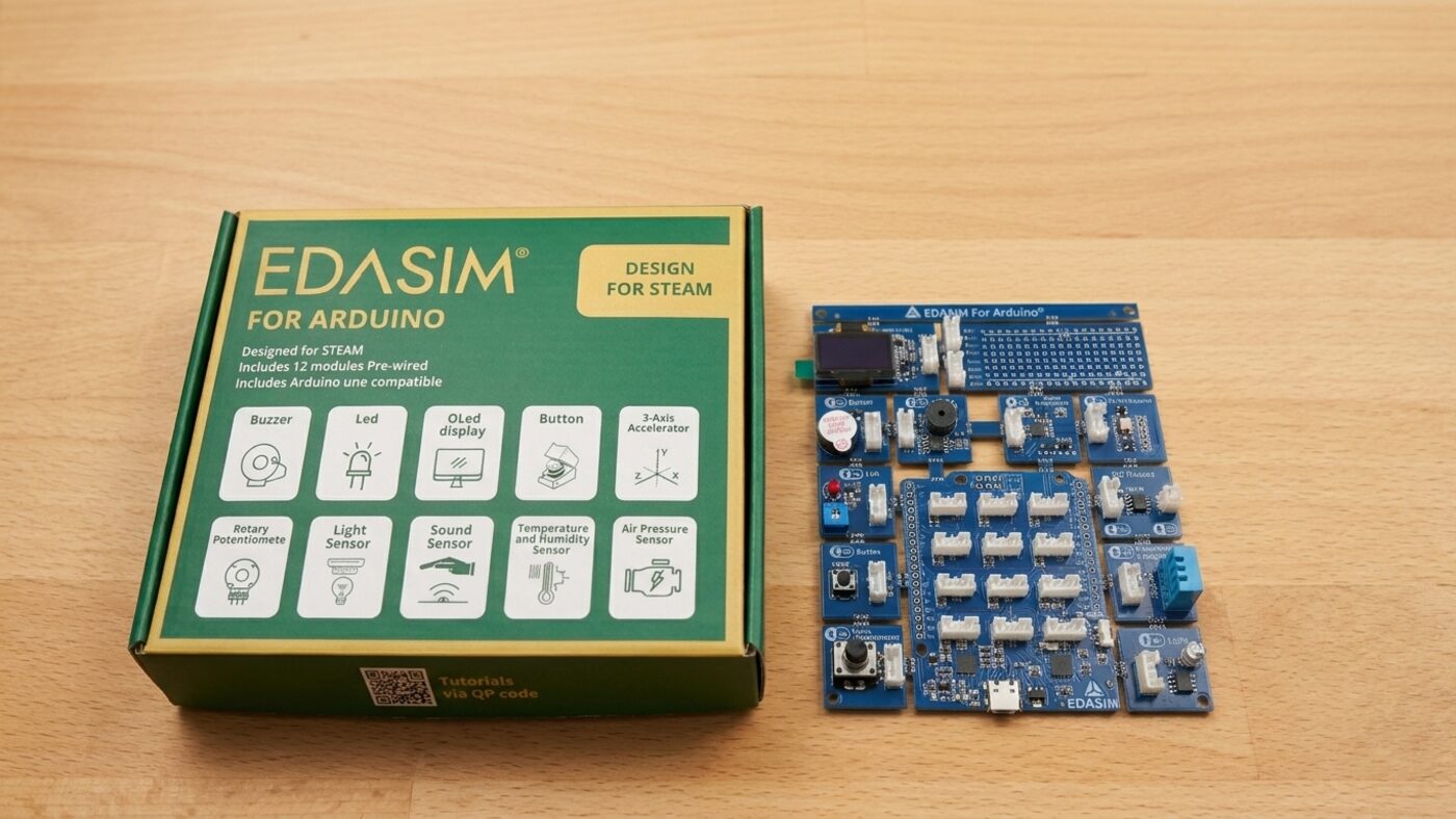 Caixa do EDASIM for Arduino ao lado da placa com todos os módulos conectados