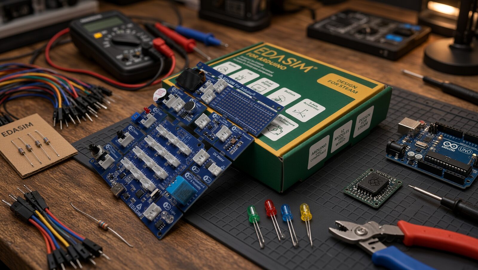 Bancada de eletrônica com a caixa do EDASIM, placa Arduino UNO, LEDs e ferramentas